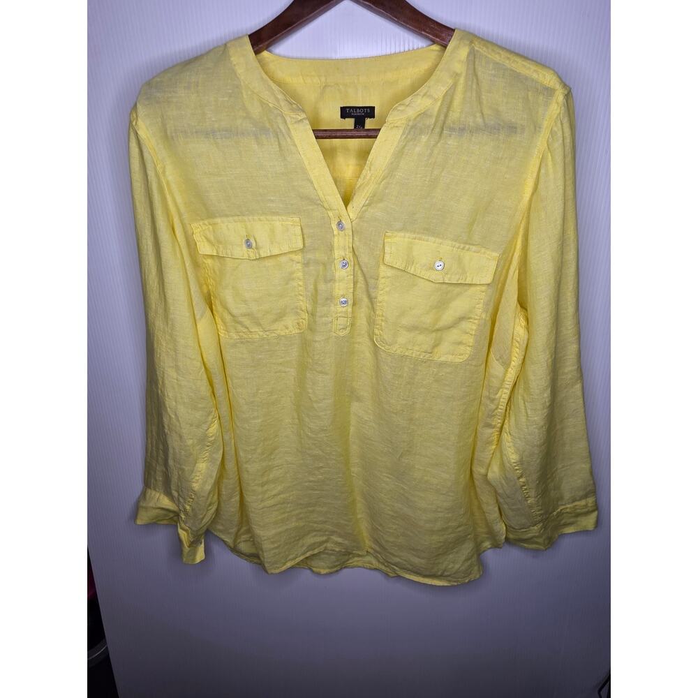 Talbots Plus Petite Yellow 100% Linen Blouse Size 2XP Classic Summer Cottagecore